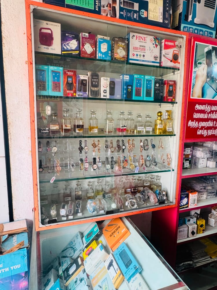 Mobile accessories display at Sangam Mobiles