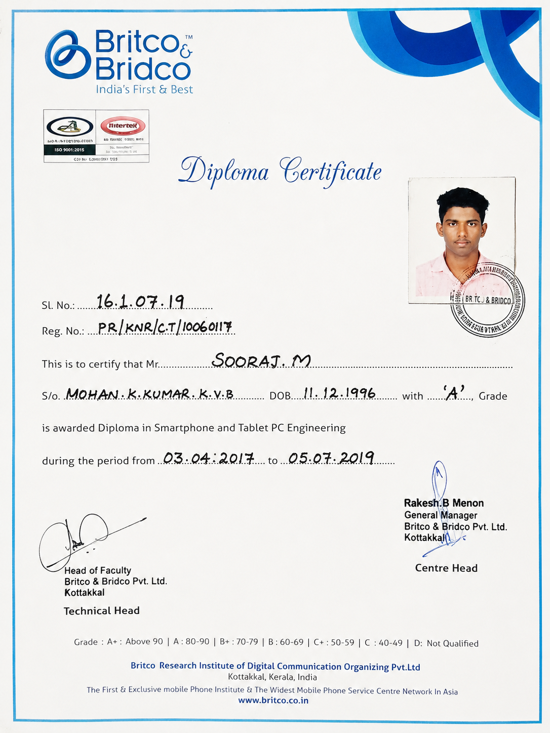 Diploma in Smartphone and Tablet PC Engineering certificate for Sooraj M, issued by Britco & Bridco