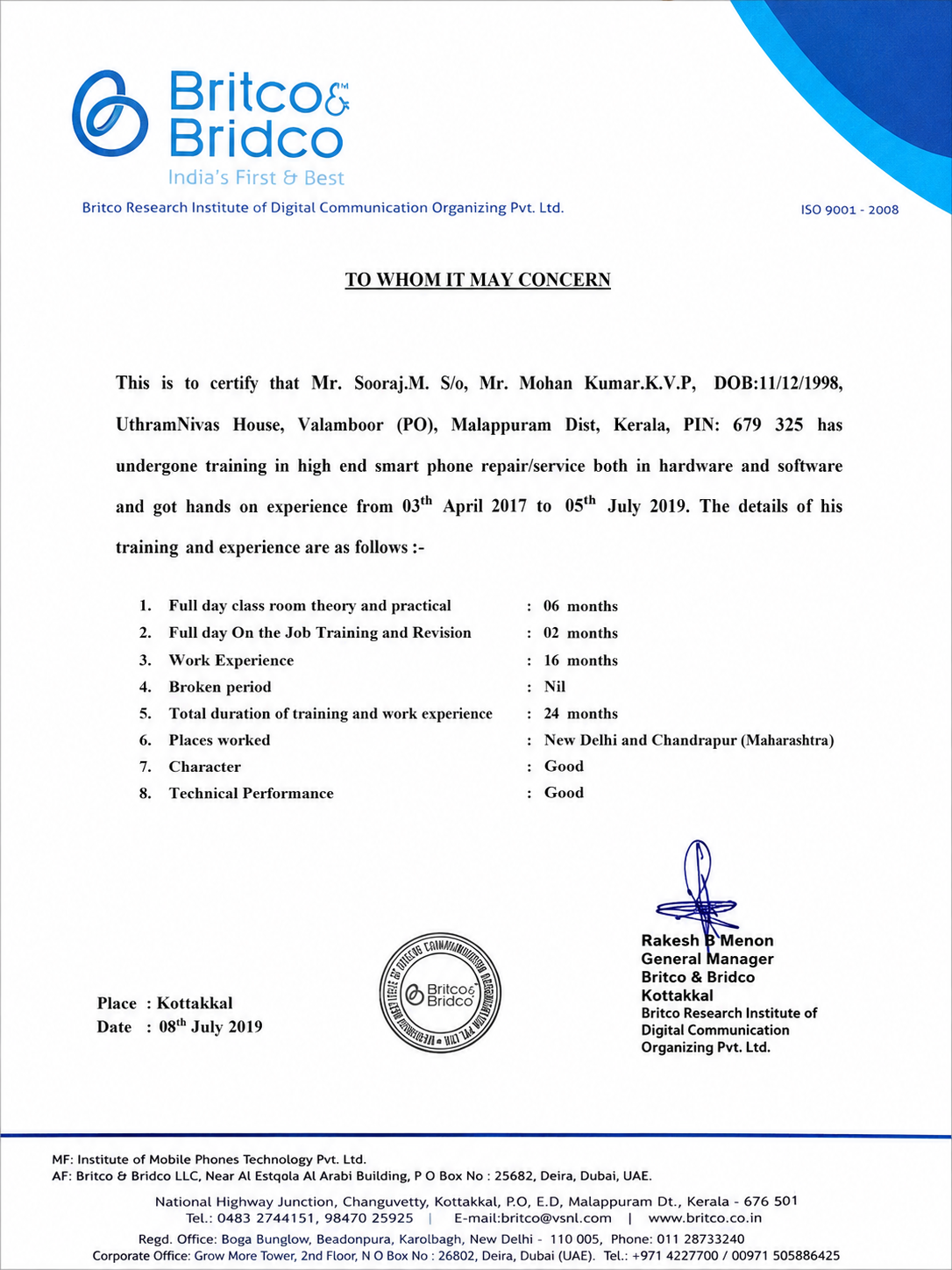 Smartphone repair training and work experience certificate for Sooraj M, issued by Britco & Bridco